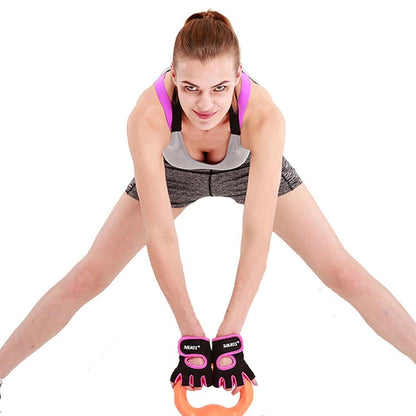 Woman in workout attire with gloves on a white background