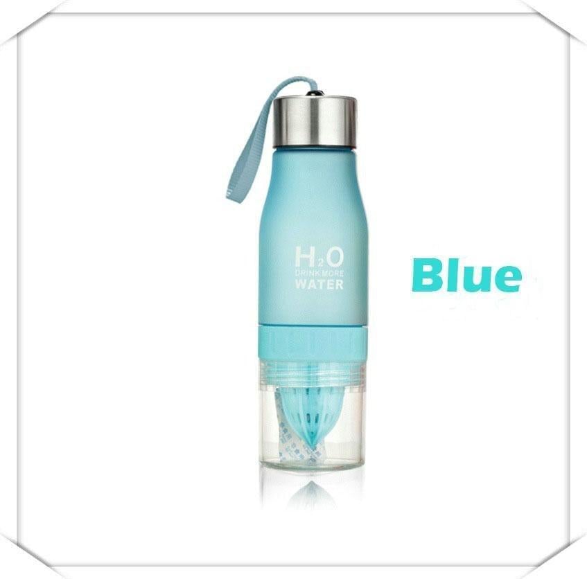 Blue water bottle with a fruit infuser on a white background