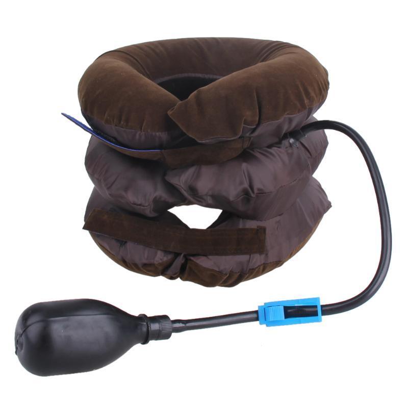 Brown inflatable neck collar with pump on a white background