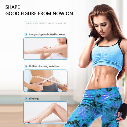 Woman in athletic wear with insets showing body changes, on a light background.