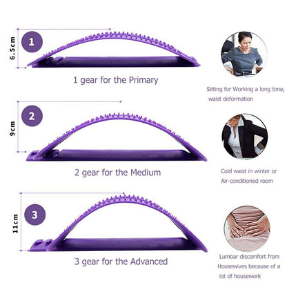 Purple back stretcher with size measurements and usage scenarios on a white background