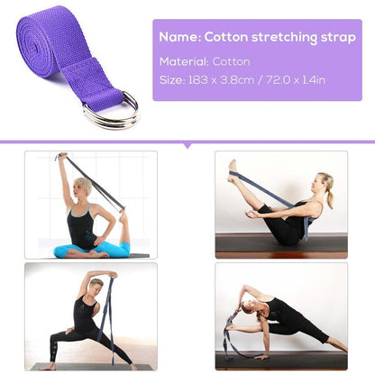 Purple cotton stretching strap with product details and usage examples on a white background
