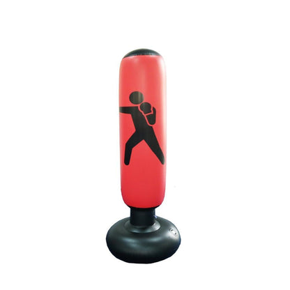 Red and black punching bag with a silhouette design on a white background