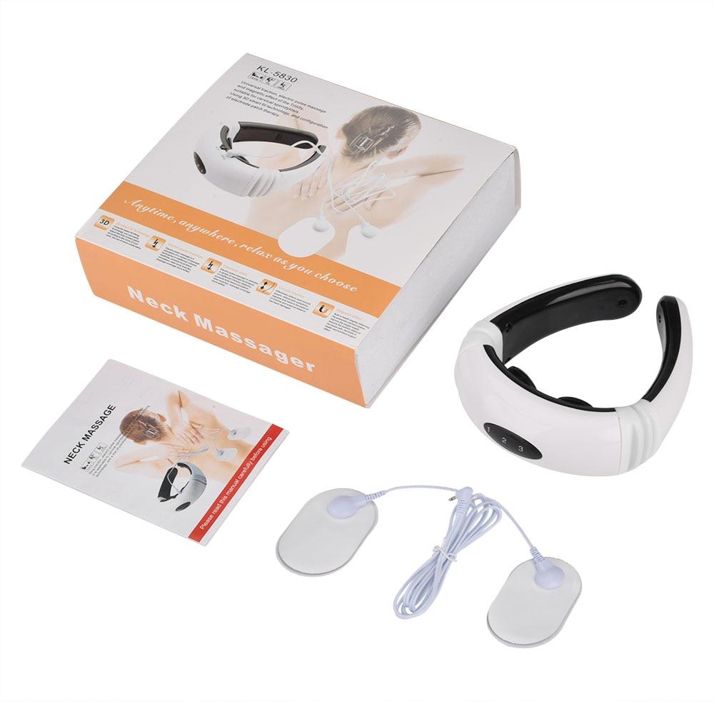 Neck massager with packaging, user manual, and accessories on a white background
