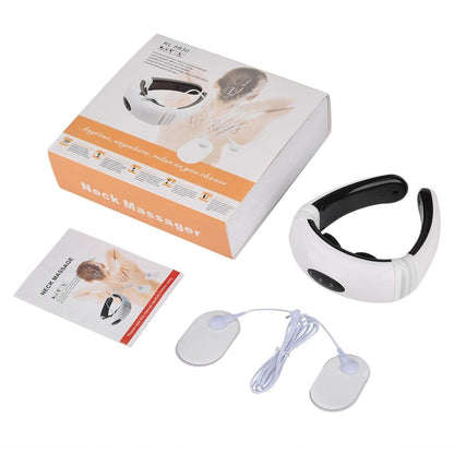Neck massager with packaging, user manual, and accessories on a white background