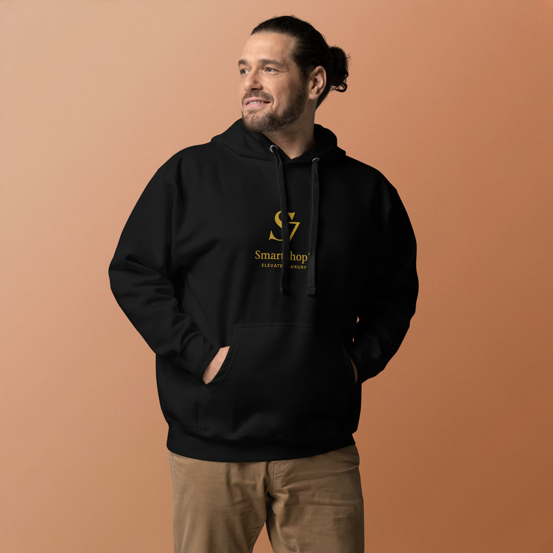 SmartShop7 Premium Unisex Hoodie – Black Edition with gold luxury logo.