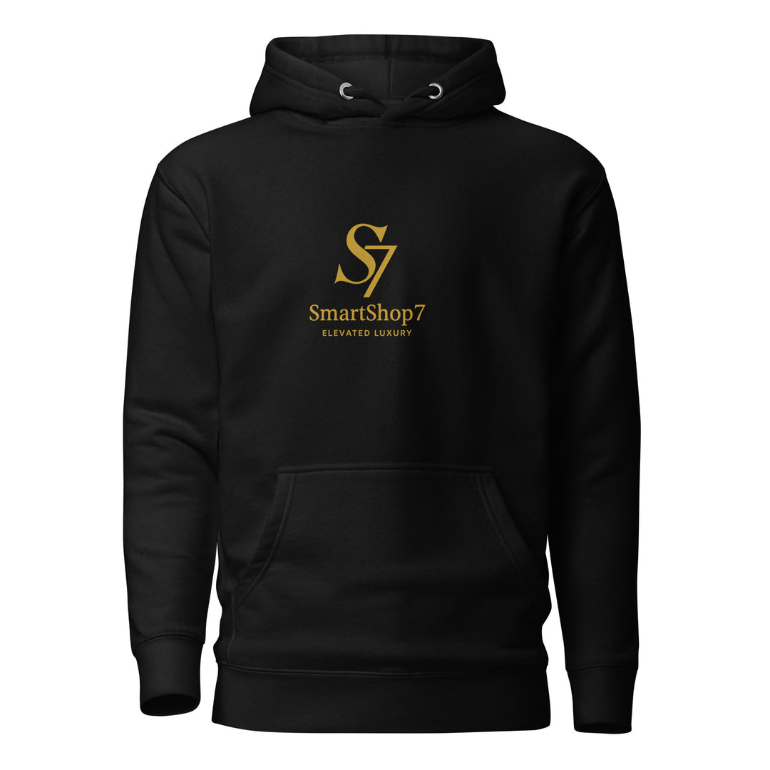 SmartShop7 Premium Unisex Hoodie – Black Edition with gold luxury logo.