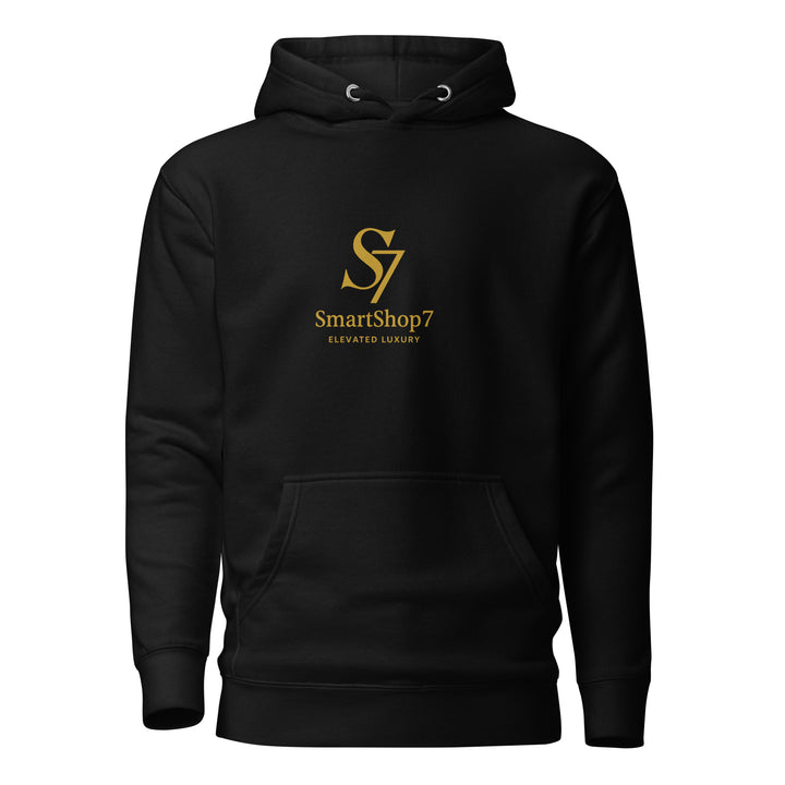 SmartShop7 Premium Unisex Hoodie – Black Edition with gold luxury logo.