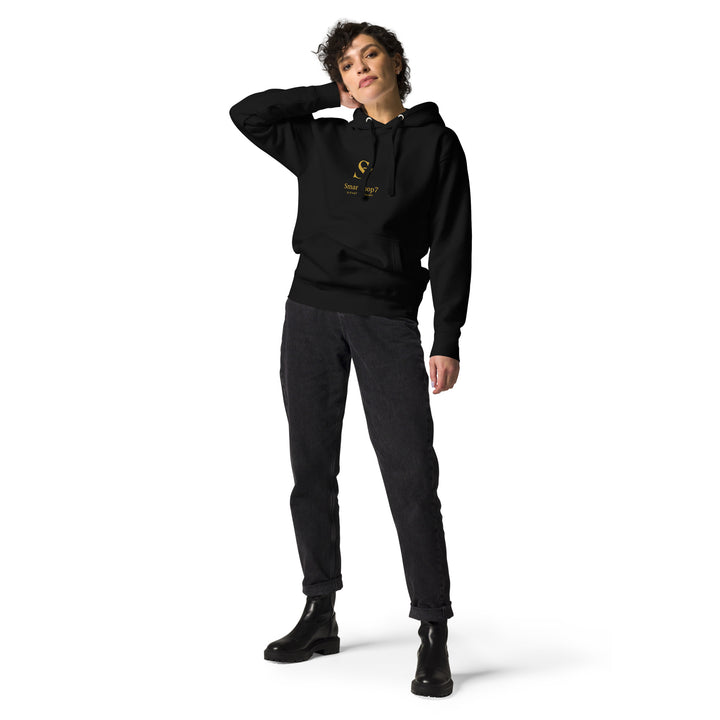 SmartShop7 Premium Unisex Hoodie – Black Edition with gold luxury logo.