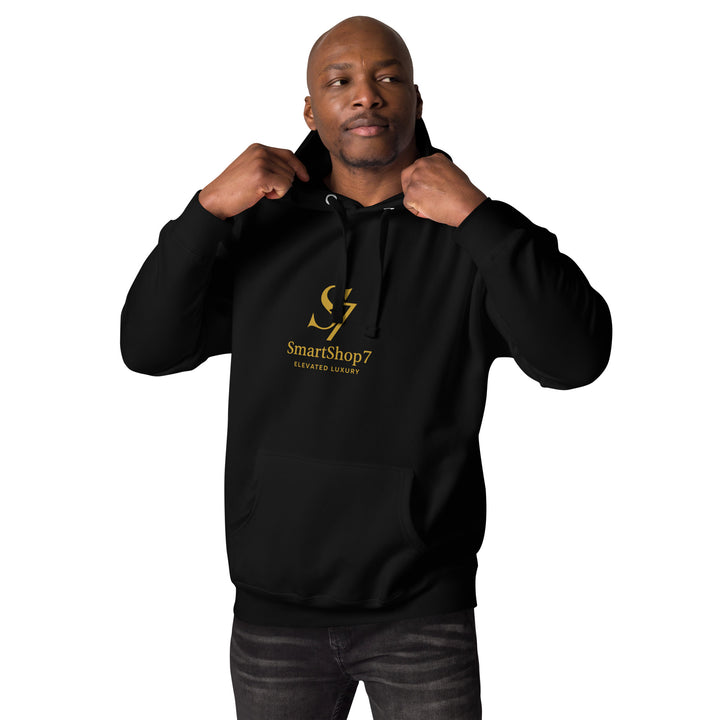 SmartShop7 Premium Unisex Hoodie – Black Edition with gold luxury logo.