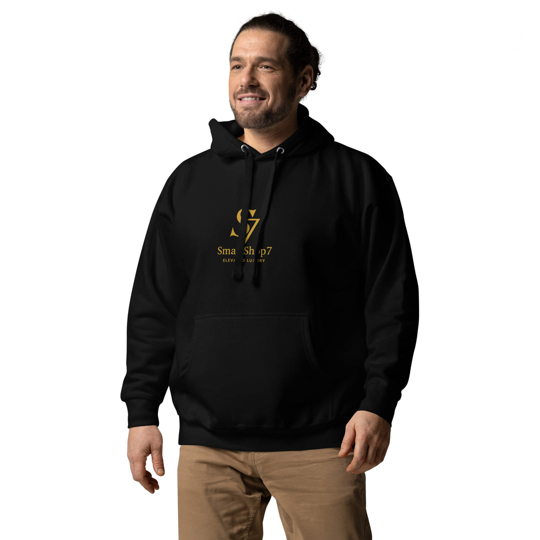 SmartShop7 Premium Unisex Hoodie – Black Edition with gold luxury logo.