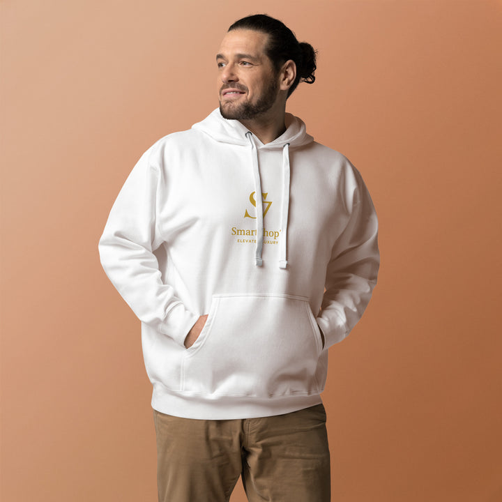 SmartShop7 Premium Unisex Hoodie – White Edition with gold luxury logo