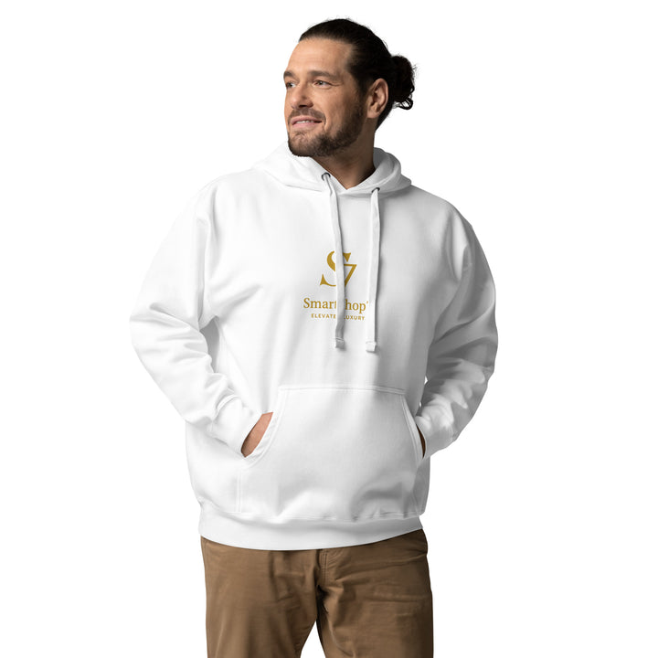 SmartShop7 Premium Unisex Hoodie – White Edition with gold luxury logo