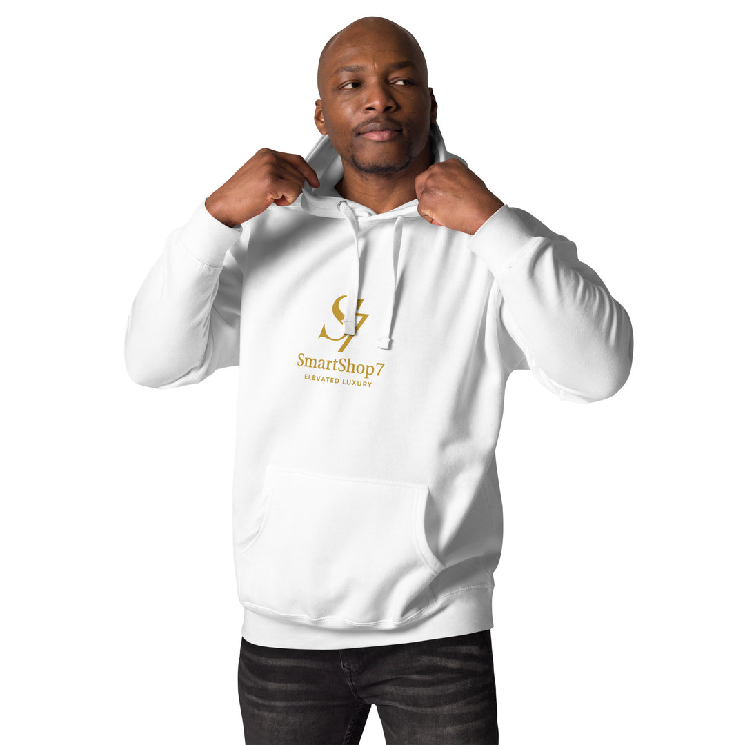 SmartShop7 Premium Unisex Hoodie – White Edition with gold luxury logo