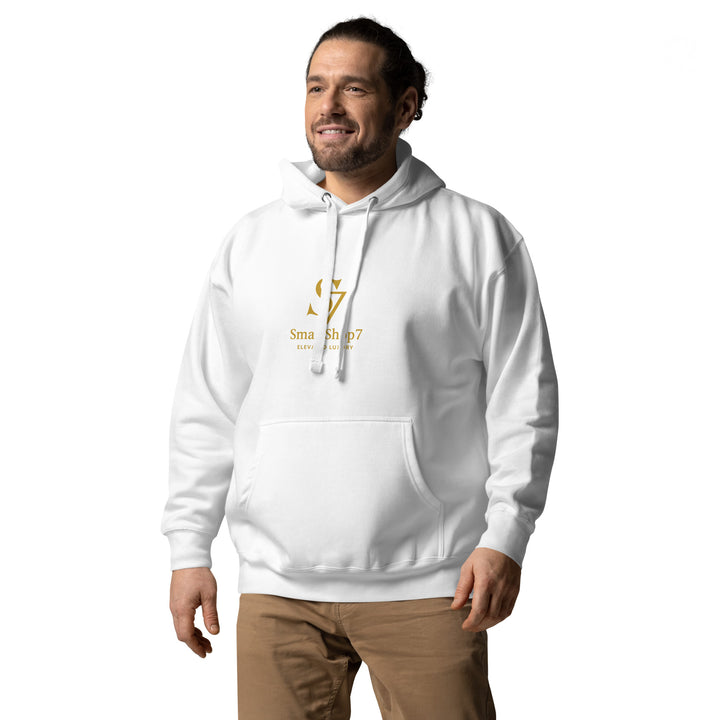 SmartShop7 Premium Unisex Hoodie – White Edition with gold luxury logo