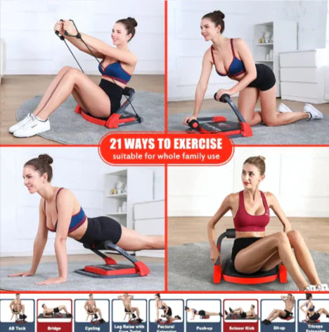 Woman using a home exercise device with text '21 Ways to Exercise, suitable for whole family use' on a white background.