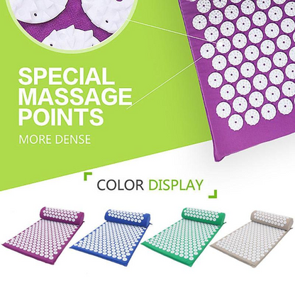 Acupressure mats in various colors with text highlighting special massage points.