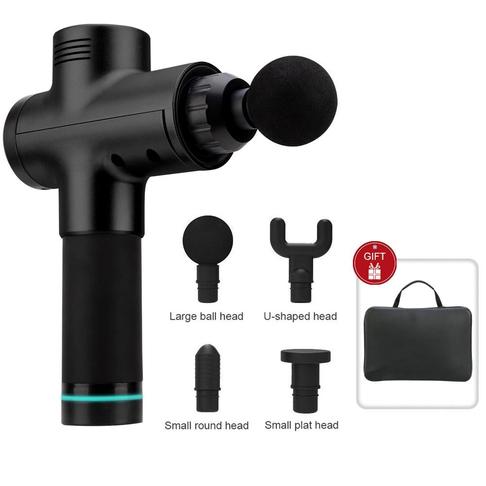 Black massage gun with interchangeable heads and carrying case on a white background