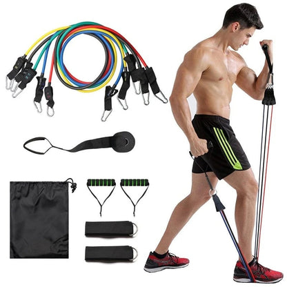 Resistance band set with a man using resistance bands on a white background