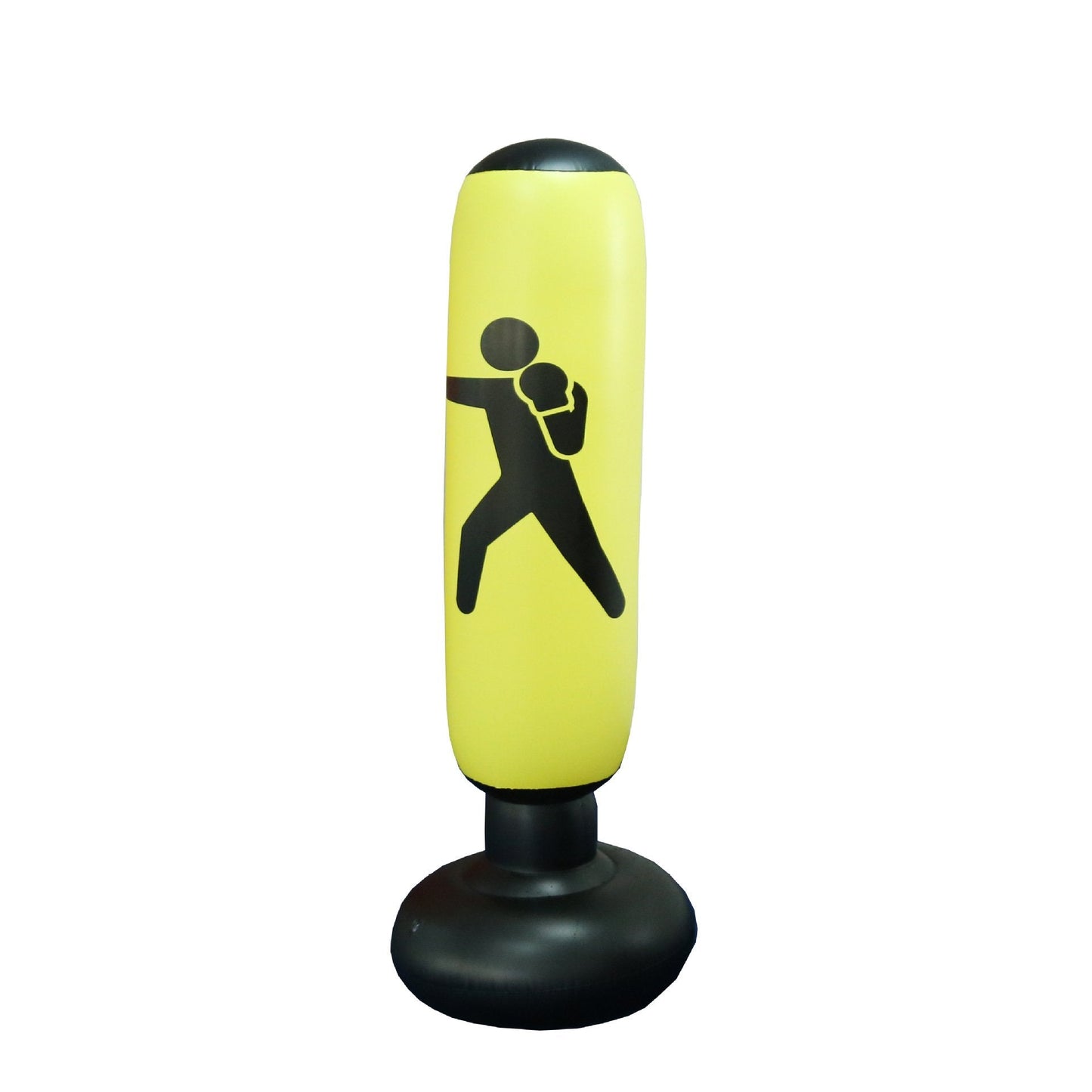 Yellow punching bag with black base and boxing figure on a white background