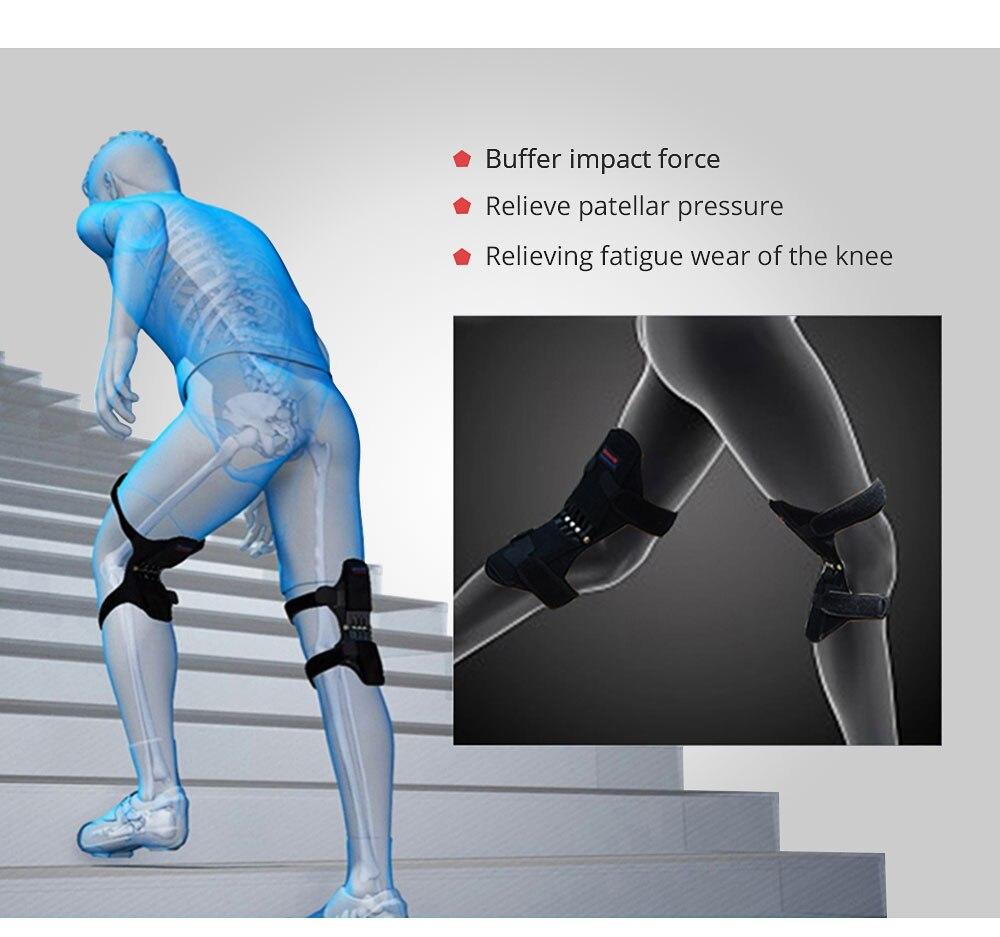 Knee brace being worn by a person climbing stairs, with text highlighting its benefits.