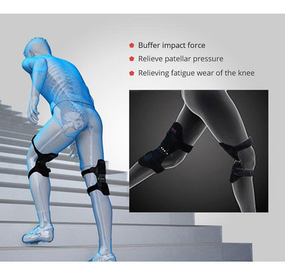 Knee brace being worn by a person climbing stairs, with text highlighting its benefits.