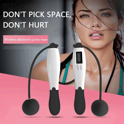 Wireless electronic jump rope with a woman in the background and text 'Don't pick space, don't hurt'.