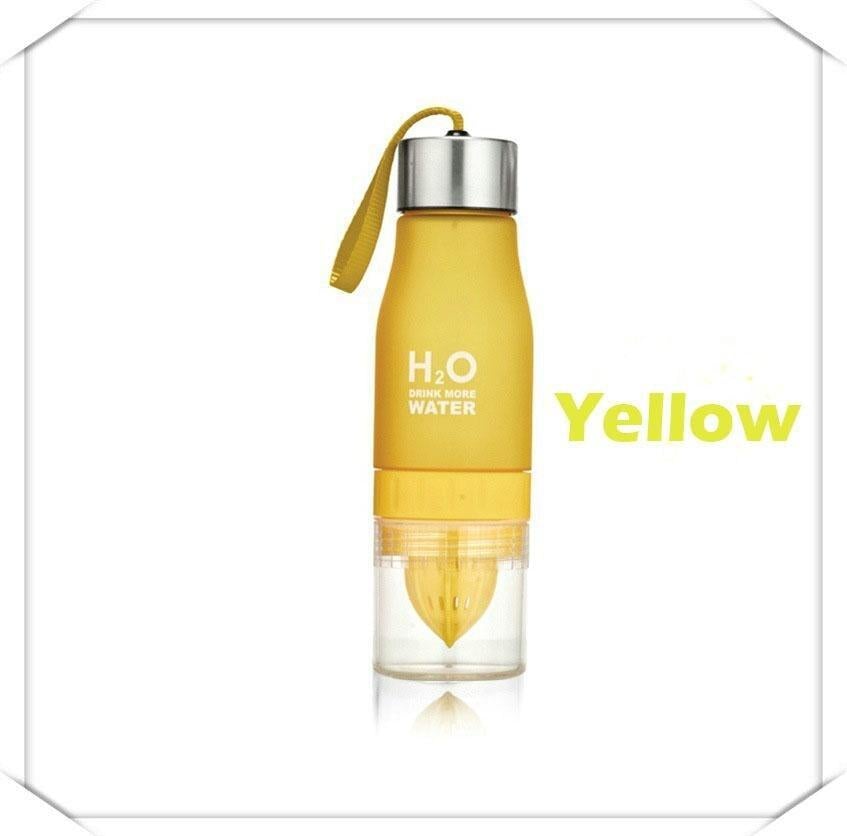 Yellow water bottle with 'H2O' branding on a white background