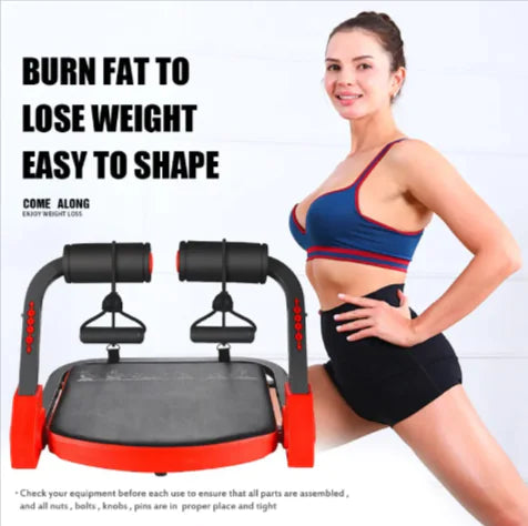 Woman in athletic wear next to a red and black exercise device with text about weight loss.