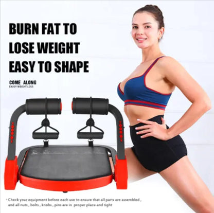 Woman in athletic wear next to a red and black exercise device with text about weight loss.