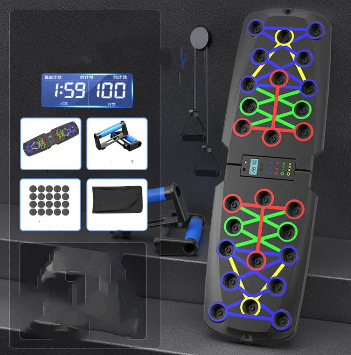 Black electronic device with colorful patterns and digital display on a dark background