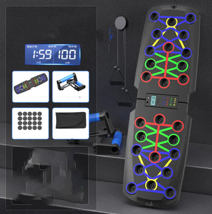 Black electronic device with colorful patterns and digital display on a dark background