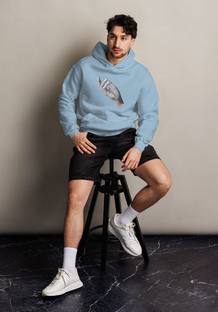 Model wearing SmartShop7 Oversized Premium Hoodie – Light Blue Edition front view”