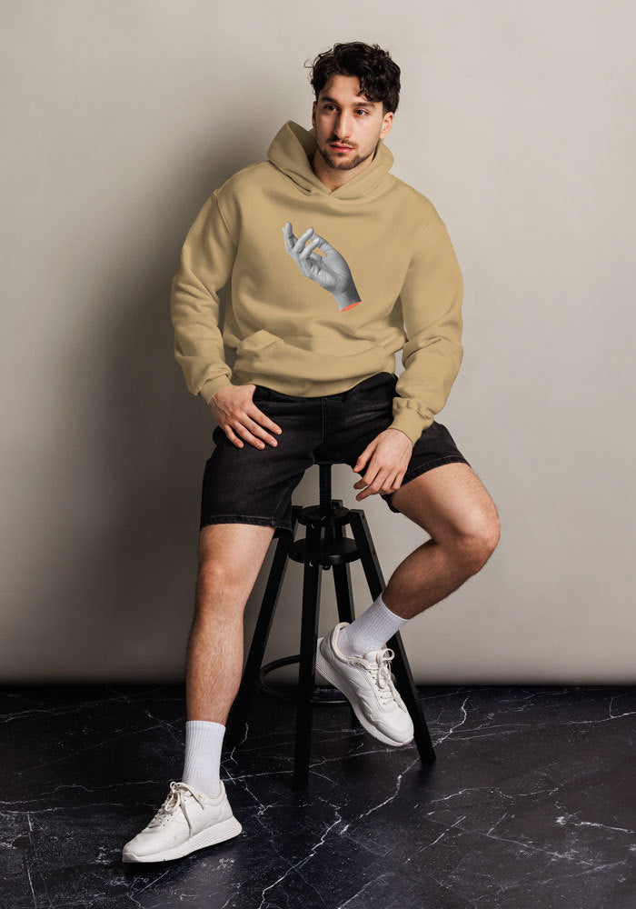 “Model wearing SmartShop7 Oversized Premium Hoodie – Sand Edition front view
