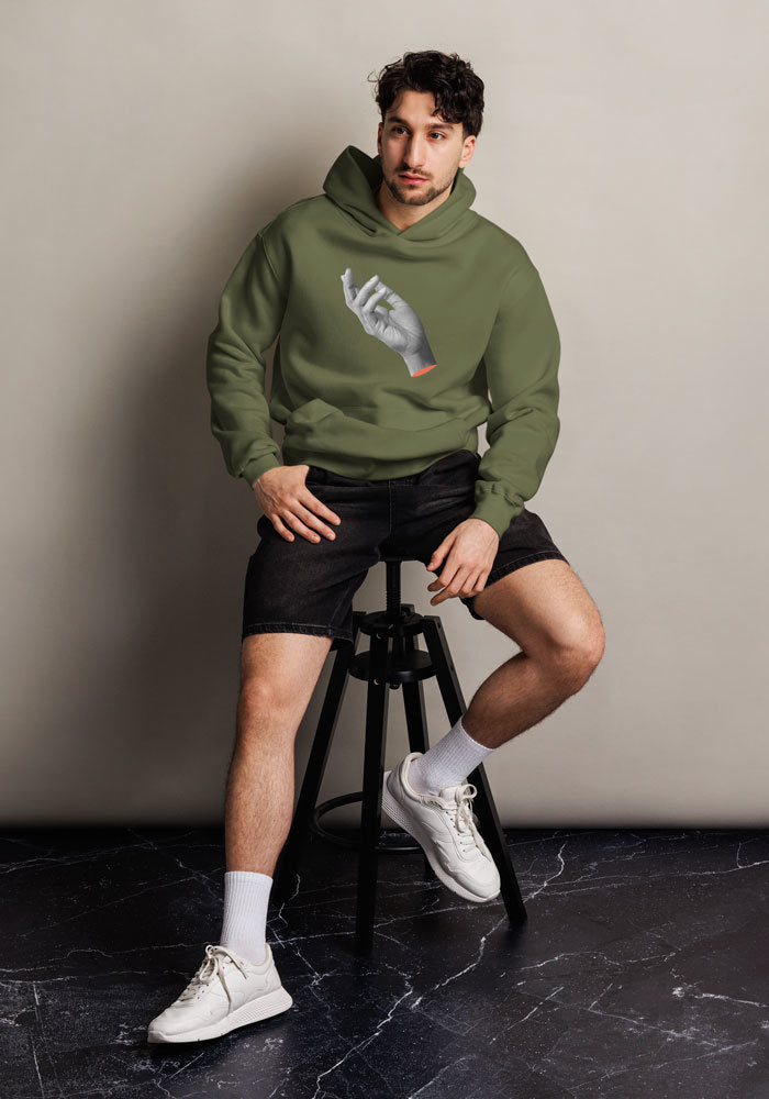 “Model wearing SmartShop7 Oversized Premium Hoodie – Olive Edition front view”
