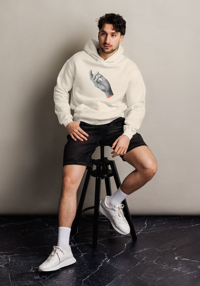 
“Model wearing SmartShop7 Oversized Premium Hoodie – White Edition front view
