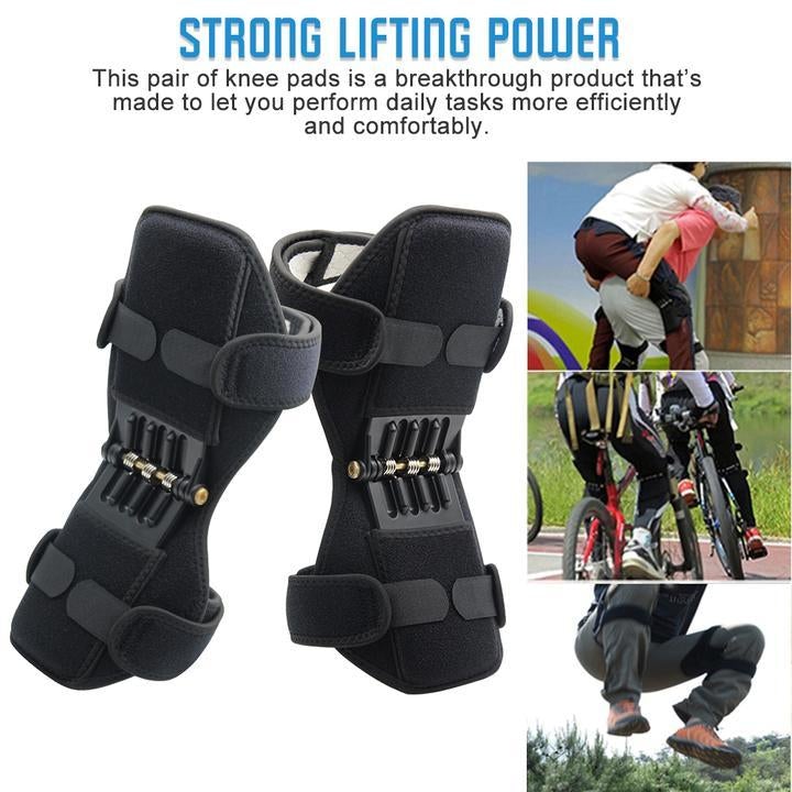 Black knee pads with text about strong lifting power and efficiency, shown with people using them.