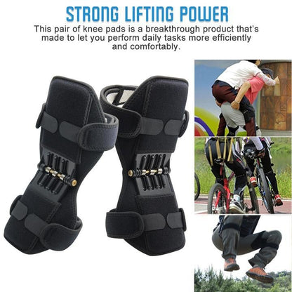 Black knee pads with text about strong lifting power and efficiency, shown with people using them.