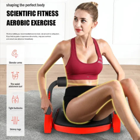 Woman using a fitness device for scientific aerobic exercise with text on the left.