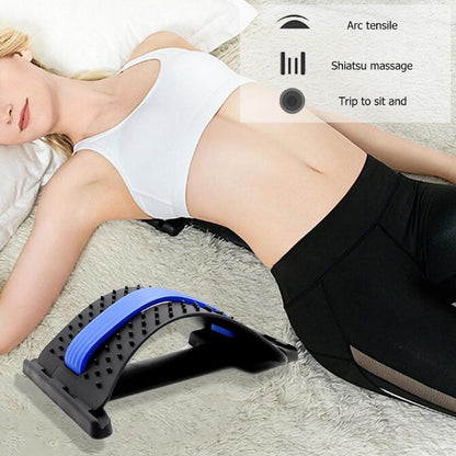 Person using a back massager with text indicating features on a light background