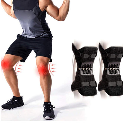 Person wearing a knee brace with knee pain indicated, showing two knee braces on a white background.