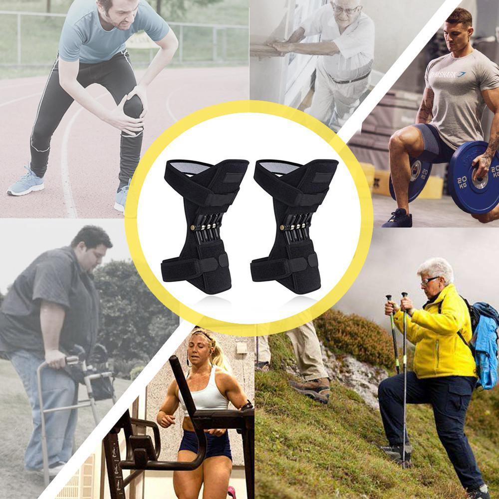 Collage of people using knee supports with a focus on black knee supports in the center.