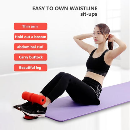 Woman exercising with an ab roller on a white background, with text about waistline exercises.
