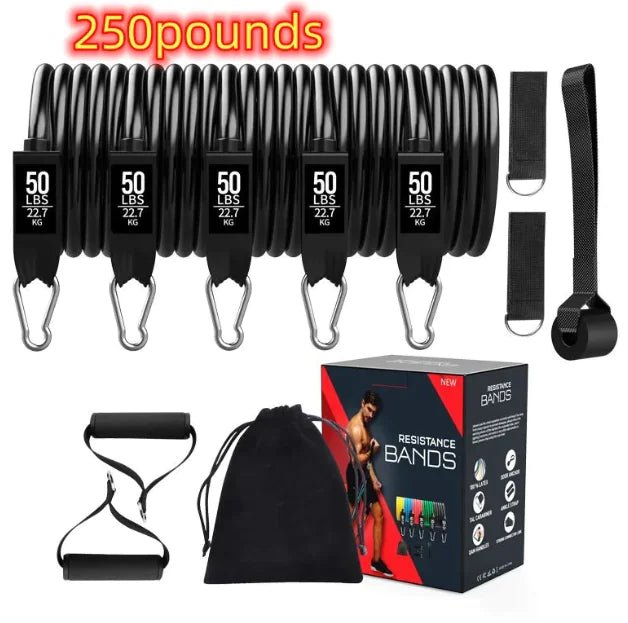 Resistance bands set with packaging and accessories on a white background