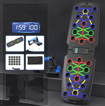 Colorful electronic device with digital display and various components on a dark background