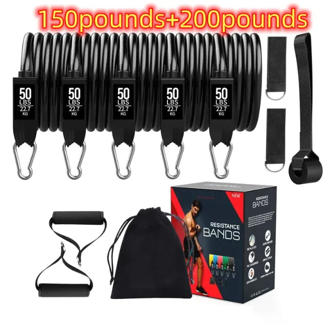 Resistance bands set with packaging and accessories on a white background