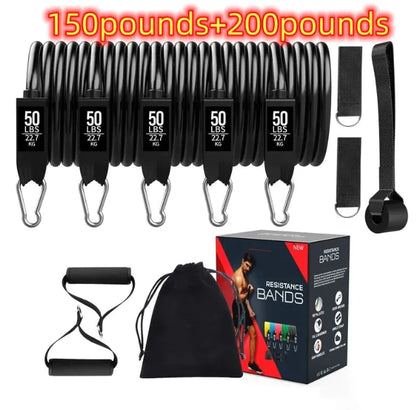 Resistance bands set with packaging and accessories on a white background