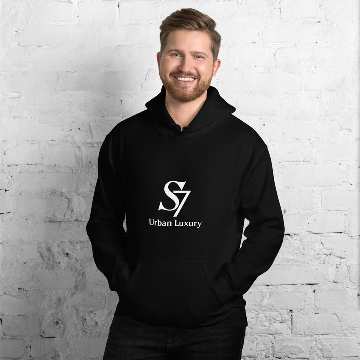 Two models wearing black S7 Urban Luxury hoodies, smiling”