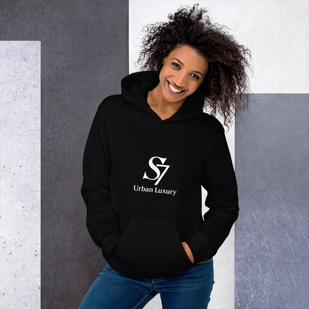 Two models wearing black S7 Urban Luxury hoodies, smiling”