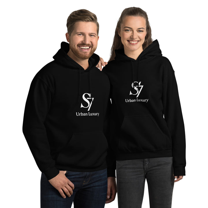 Two models wearing black S7 Urban Luxury hoodies, smiling”